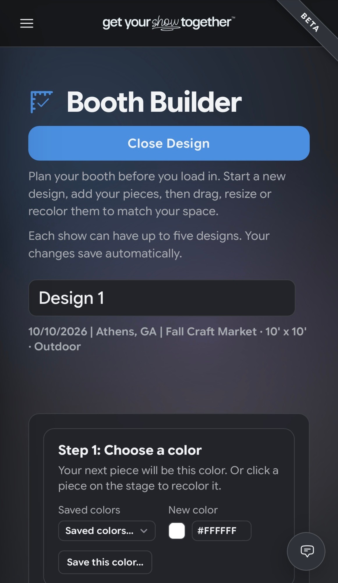 Booth Builder on a phone in dark mode