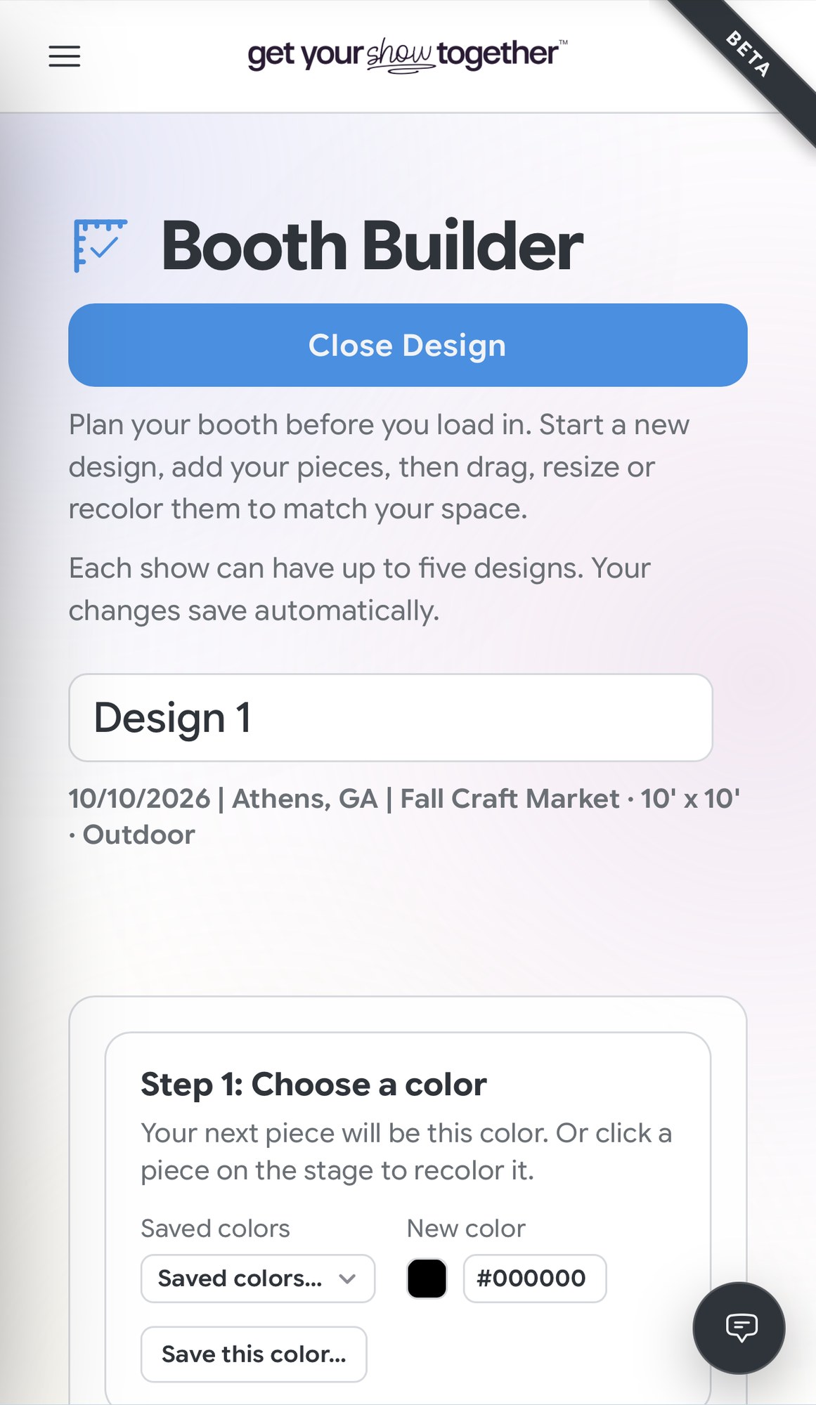 Booth Builder on a phone in light mode