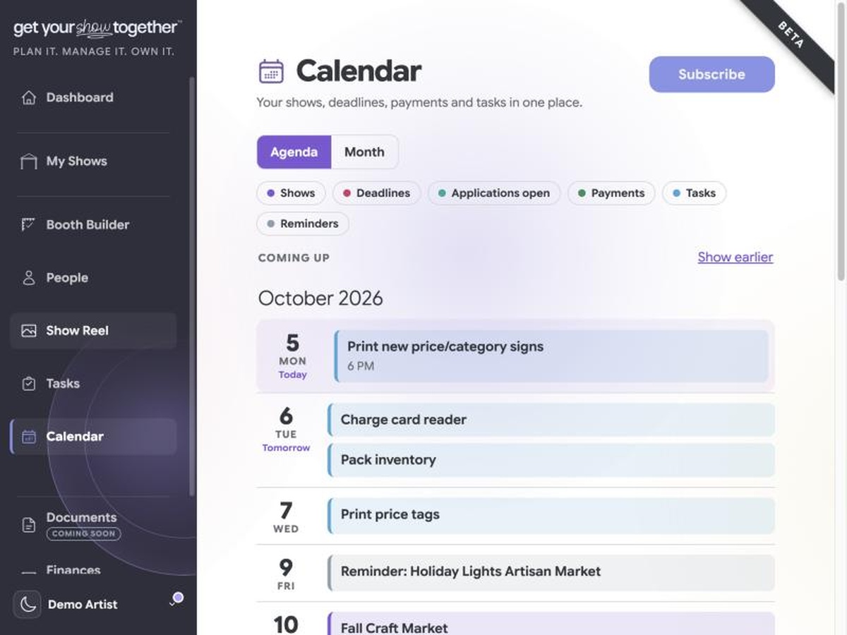 The Agenda in Get Your Show Together on an iPad, a day-by-day list of upcoming shows, deadlines, payments and tasks