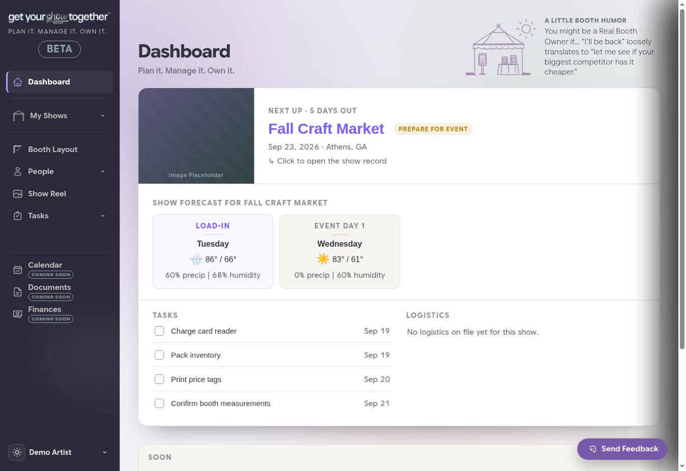 Current Get Your Show Together desktop dashboard showing an upcoming event, weather, tasks, logistics and finances