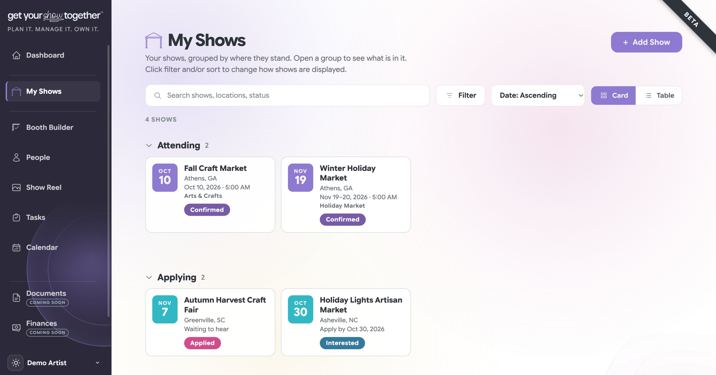 My Shows in Get Your Show Together, in light mode