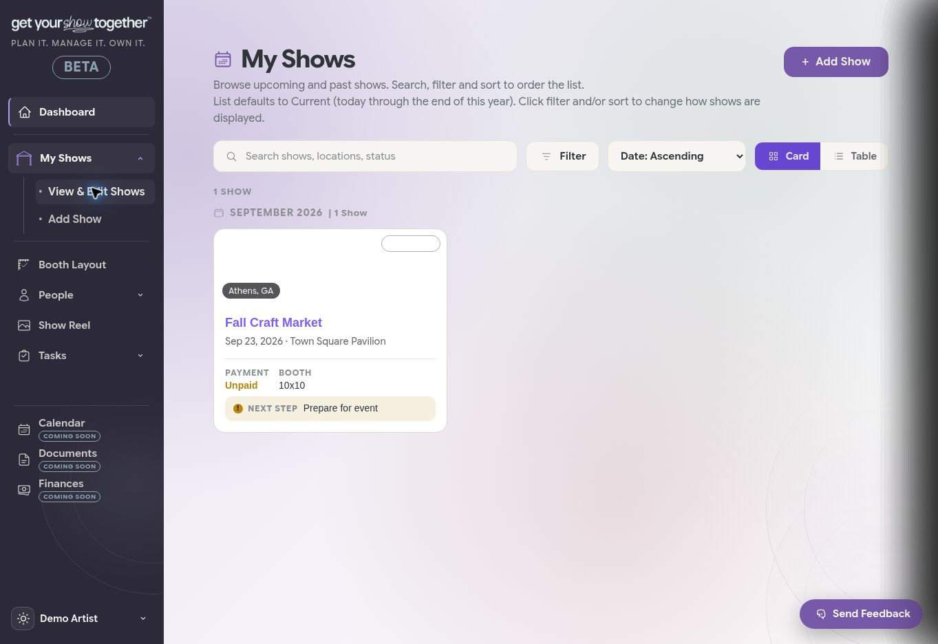 My Shows workspace in Get Your Show Together